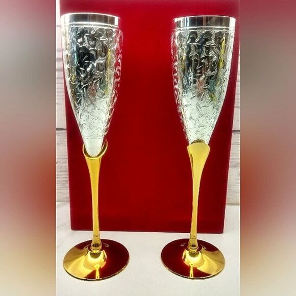 Vintage Champagne Flutes Glasses Brass Silver Plate  From Calcutta India - Picture 1 of 16